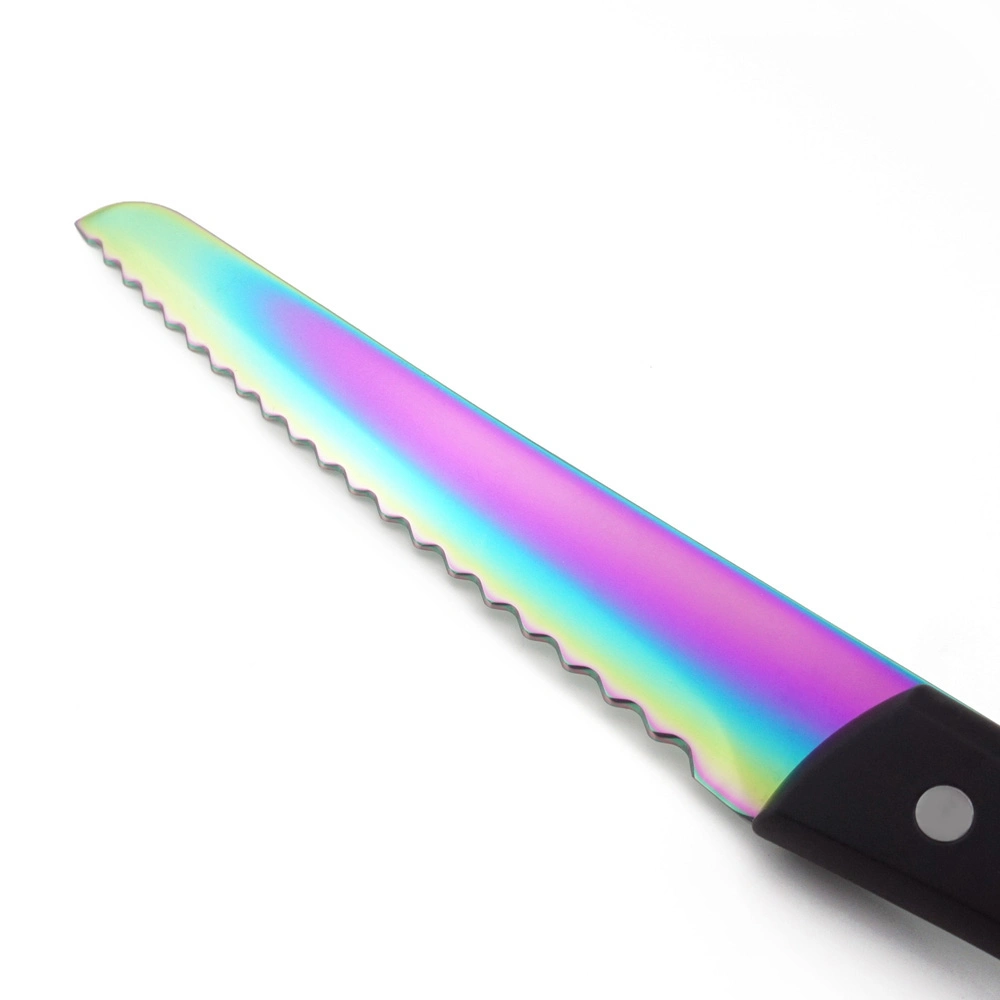 Juego de cuchillos iridiscentes de colores arcoíris con soporte acrílico