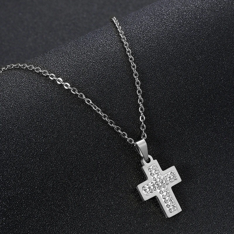 Stainless Steel Ice Crystal Zircon Cross Pendant Necklace Titanium Steel Chain Cross Necklace Women Men Punk