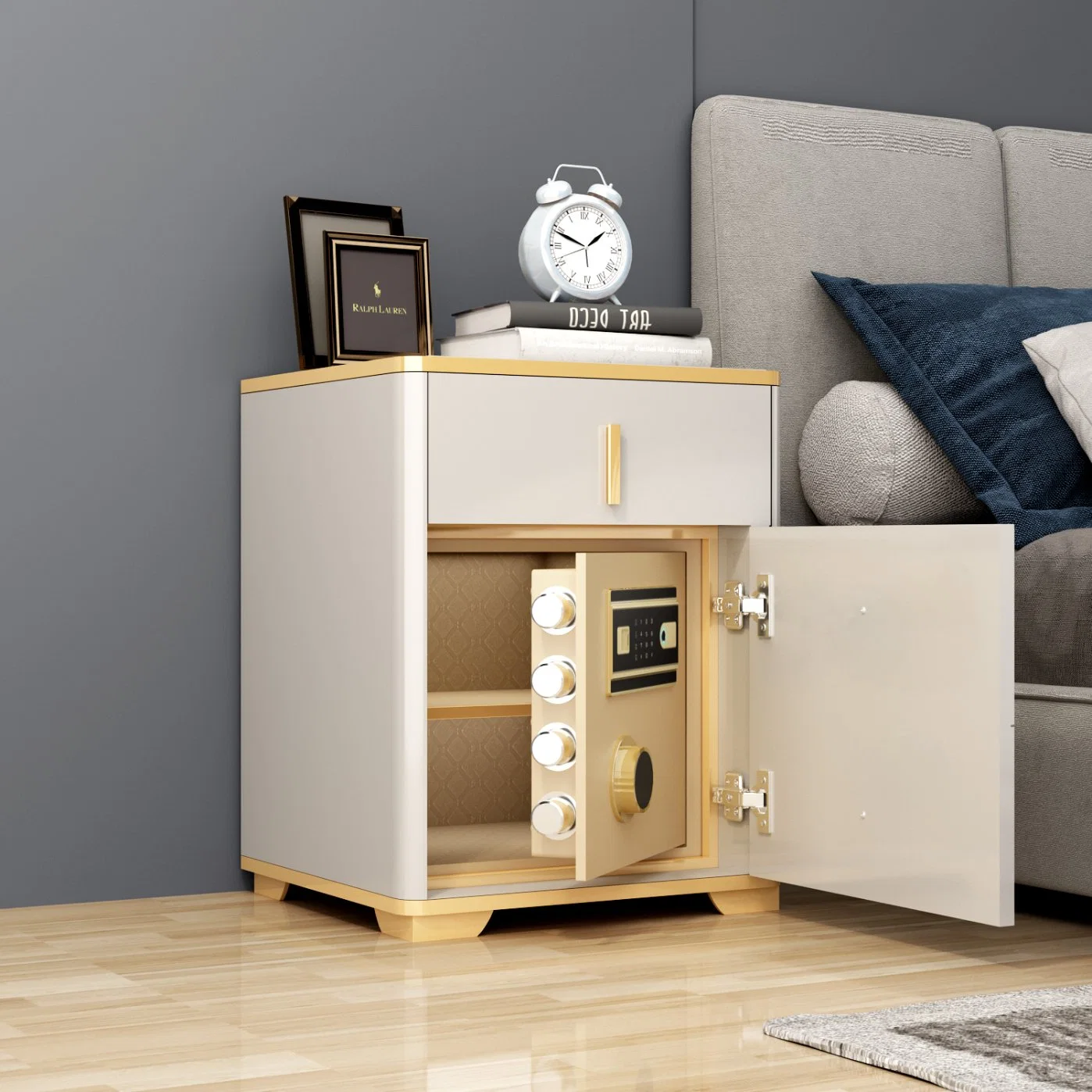 Home Smart Anti-Theft Bingerprint Safe Cabinet NightStand Table Wireless (نظام الحماية من السرقة الذكي، الحماية من الشاحن آمن