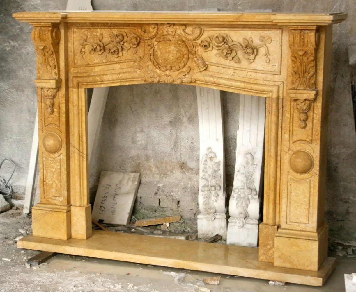 Western Style Wood Color Hand Carved Arts Crafts Marble Fireplace (SYMF-1233)