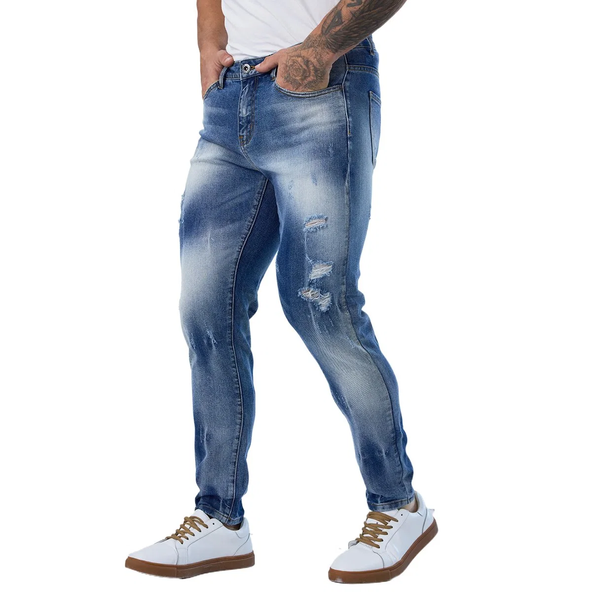 Individuelle Modische Mittelblaue Designer Skinny Jeans Für Herren