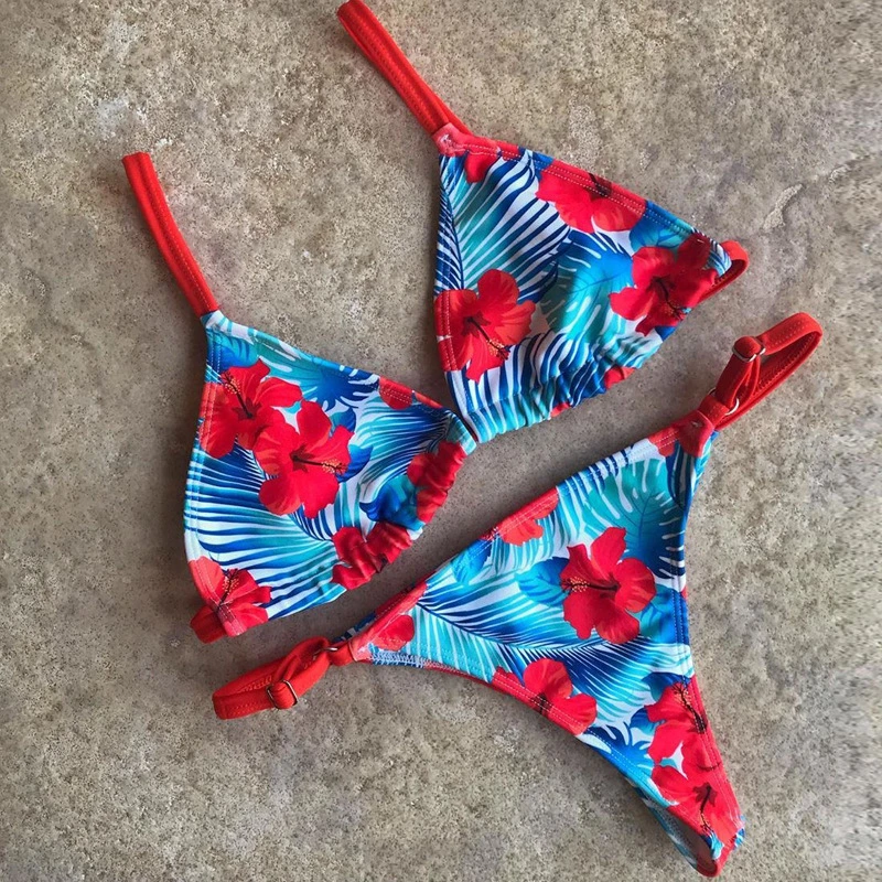 2023 Mature Women Open Sexy Multi Color Printed Push up Triangle Bikini Set Jungle Style