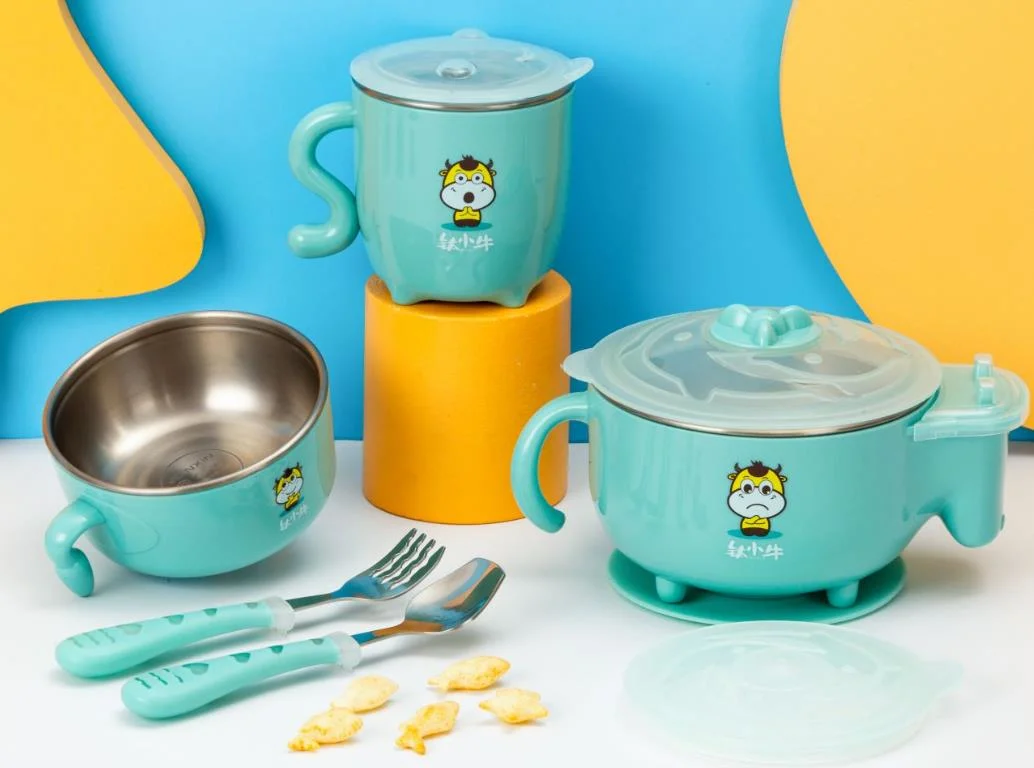 Baby comida complementaria Bowls taza cuchara y horquilla Titanio puro Juego de vajilla para niños