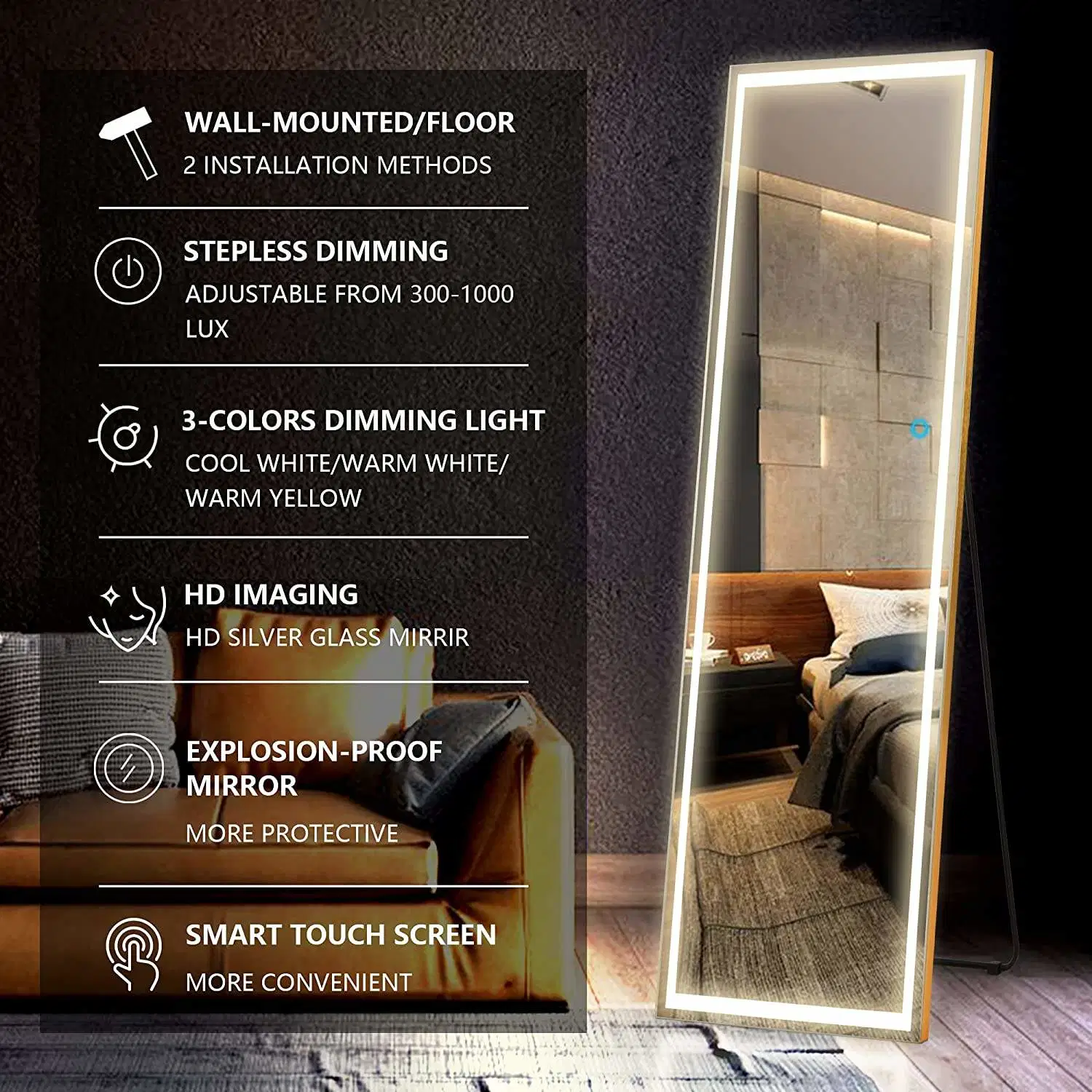 Hot Sales Hotel Smart LED Mirror Rectangle Touch Lamp Mirror Full-Length Mirror