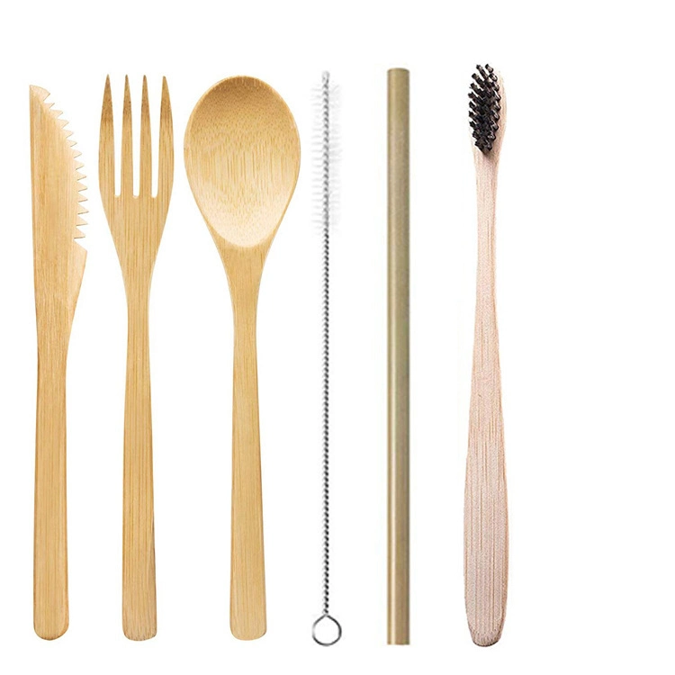 Eco Friendly Bamboo Fork Knife Spoon Straw Biodegradable Travel Utensil Set Pouch Bamboo Cutlery Set