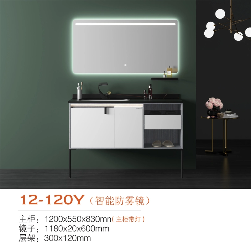 Easy Clean Luxury White Cabinet Door Bathroom Cabinet with Mirror Light Black Rock Slab Basin Solid Wood Floor Mounted Cabinet Bathroom Vanity