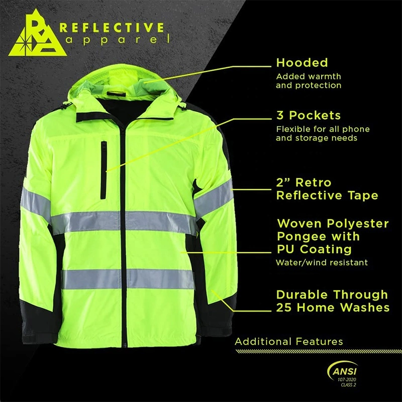 Reflective Apparel High Visibility Hooded Windbreaker Safety ANSI Class 2 Water-Resistant Shell Jacket