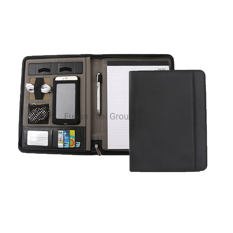 Leather PU Zipper Portfolio Business File Folder, Wholesale Portfolio Padfolio with Phone