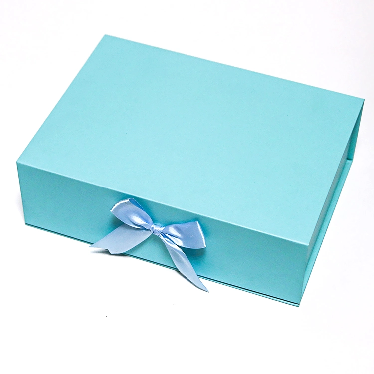 Luxury Logo Custom Blue Printing Rigid Magnetic Paper Gift Box with Bow Decoration