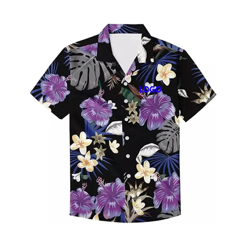 Custom Print Black Summer Shirts Men Printed Hawaiian Shirt Short Sleeve Beach Clothing