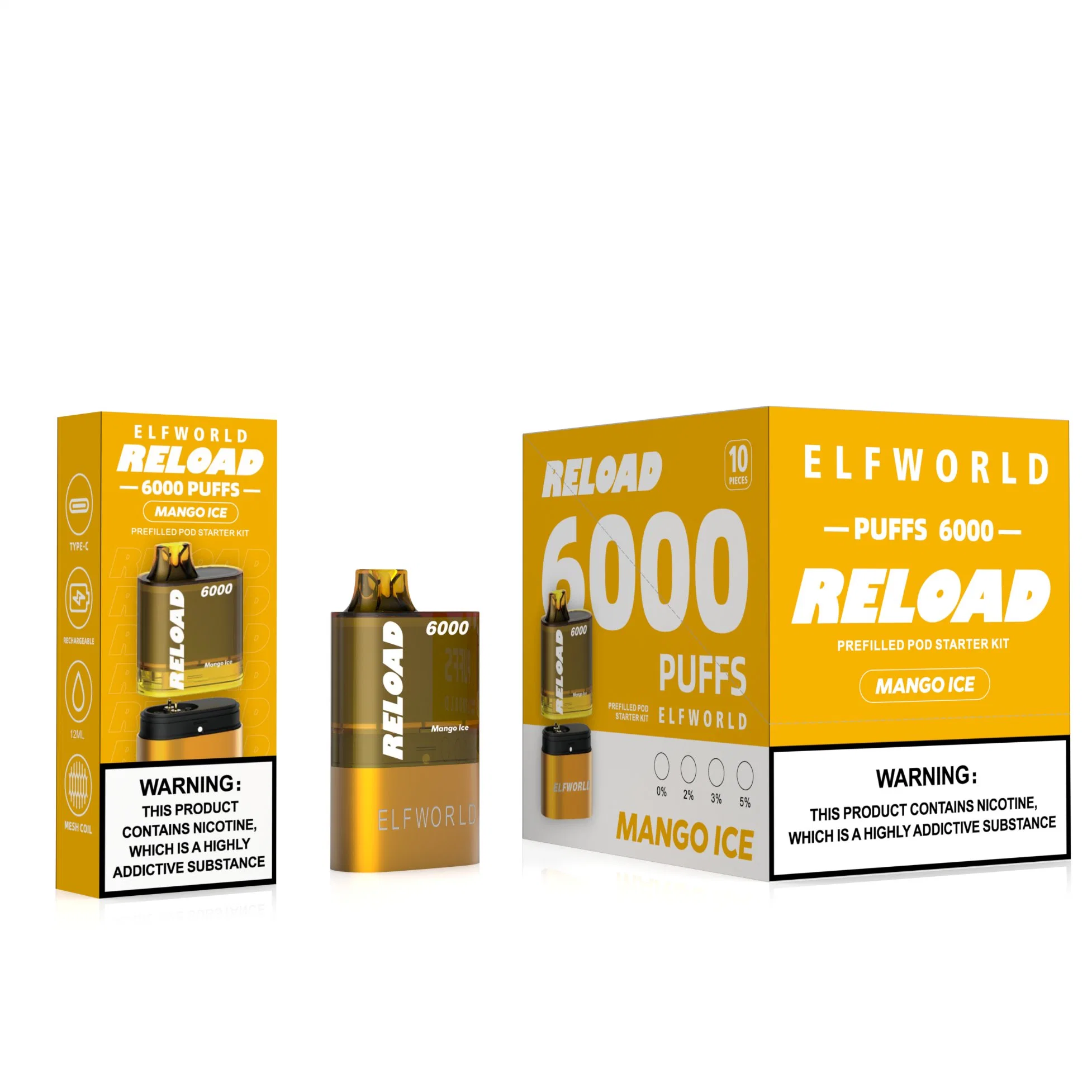 Authentic Elfworld Reload Mesh Coil Disposable E Cigarettes 6000 Puffs Vape Pen 12ml Pre-Filled Pods