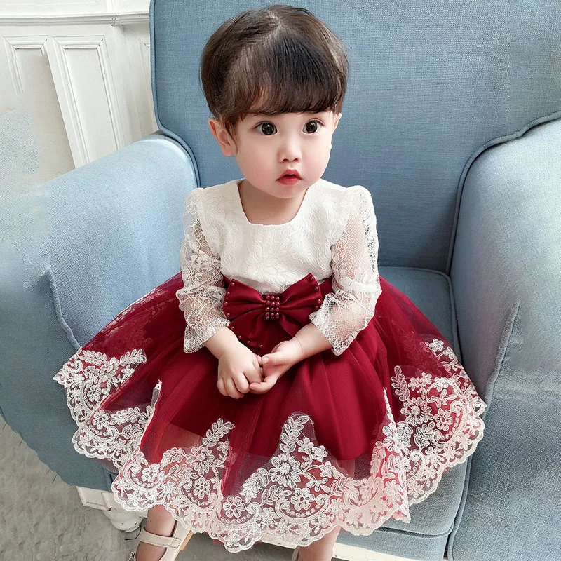 Long Sleeve Lace Stitching Bow Girl Dress Skirt Wedding Evening Dress