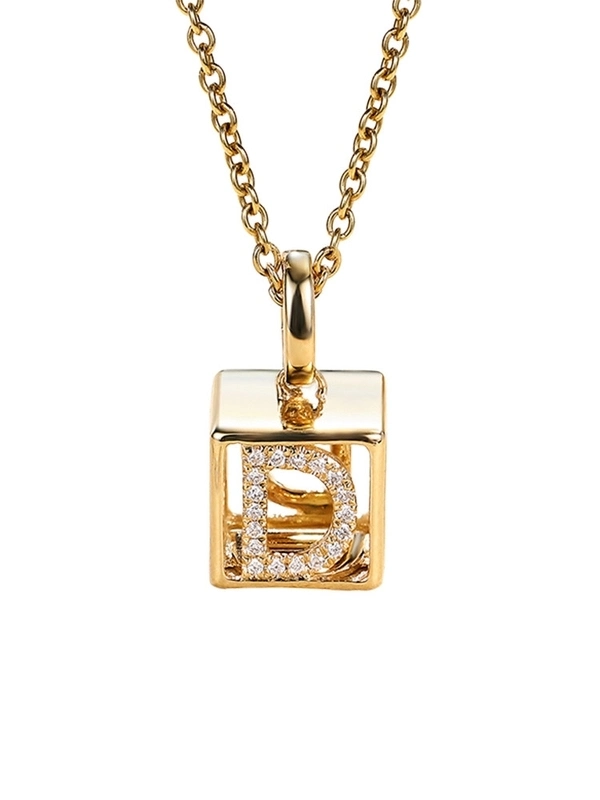 0.03CT 18K Yellow Gold Diamond Necklace a-Z Initials 3D Cube