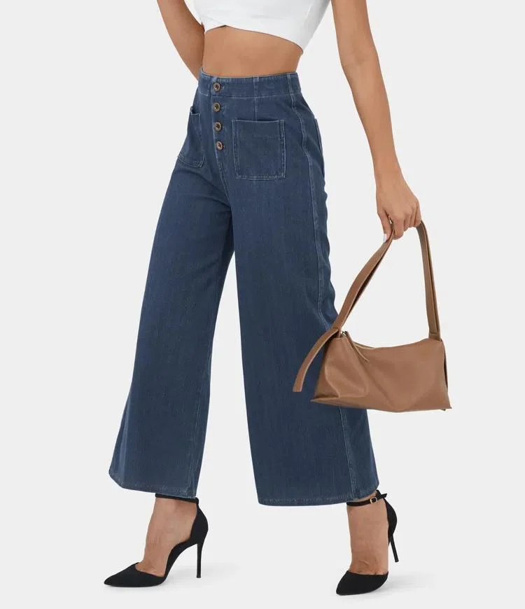 Jeans High Waisted Button Pockets Washed Stretchy Knit Denim Casual Wide Leg Pants