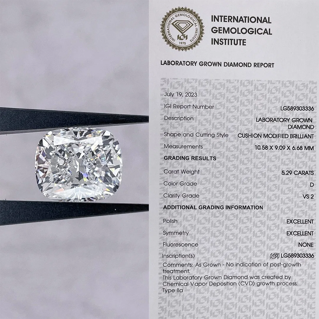 Igi Certificate 5.29CT Cushion Shape CVD Loose Lab Grown Diamond