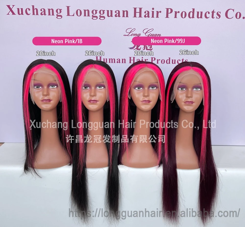 Human Hair 20-Inch Neonpink#1b# Straight 13X4 Skunk Stripe Lace Front Wigs