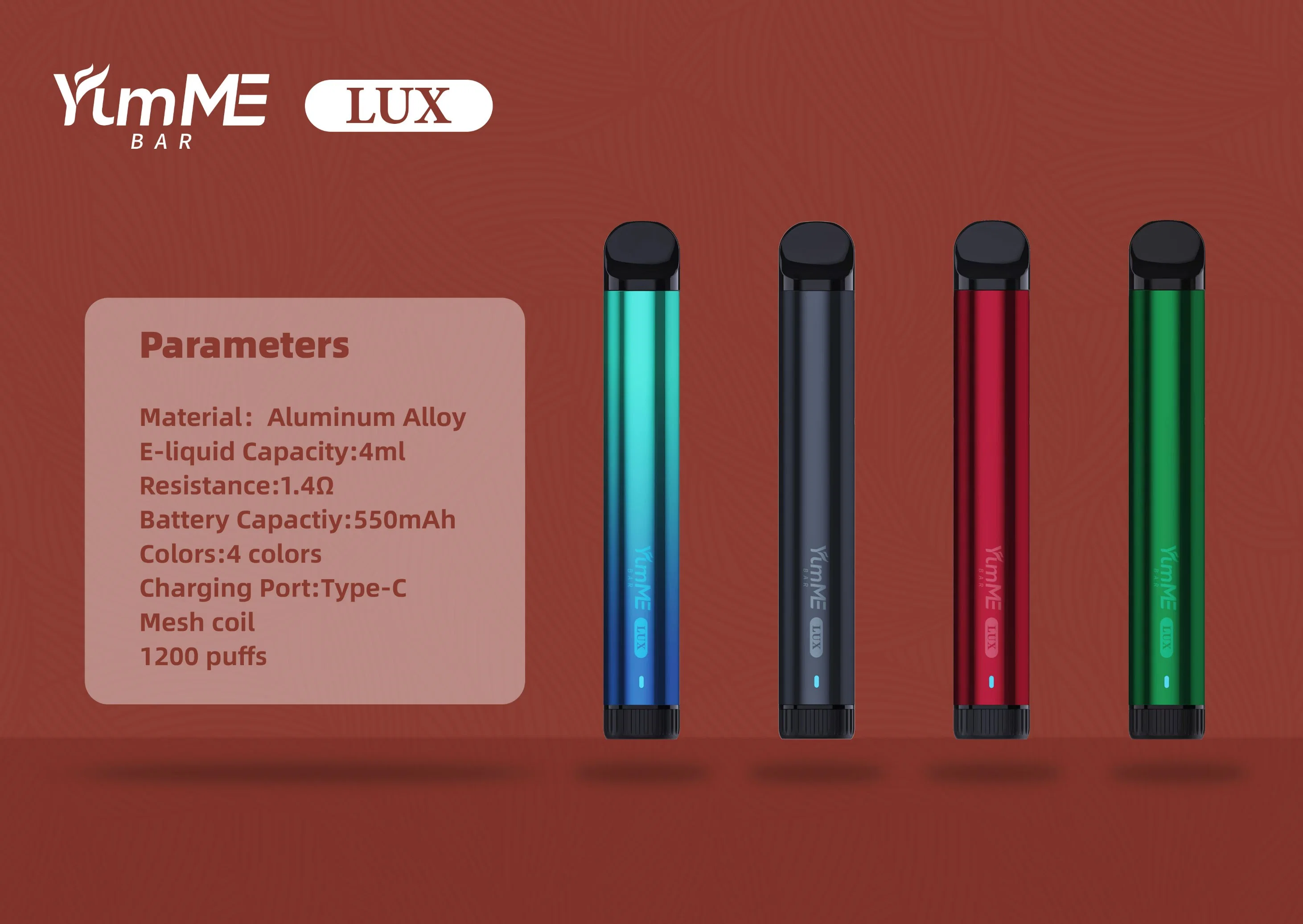 Custom OEM Brand 4ml Disposable/Chargeable Vapor Yumme Bar Lux 1200puff Smoking E Cigarette Vape