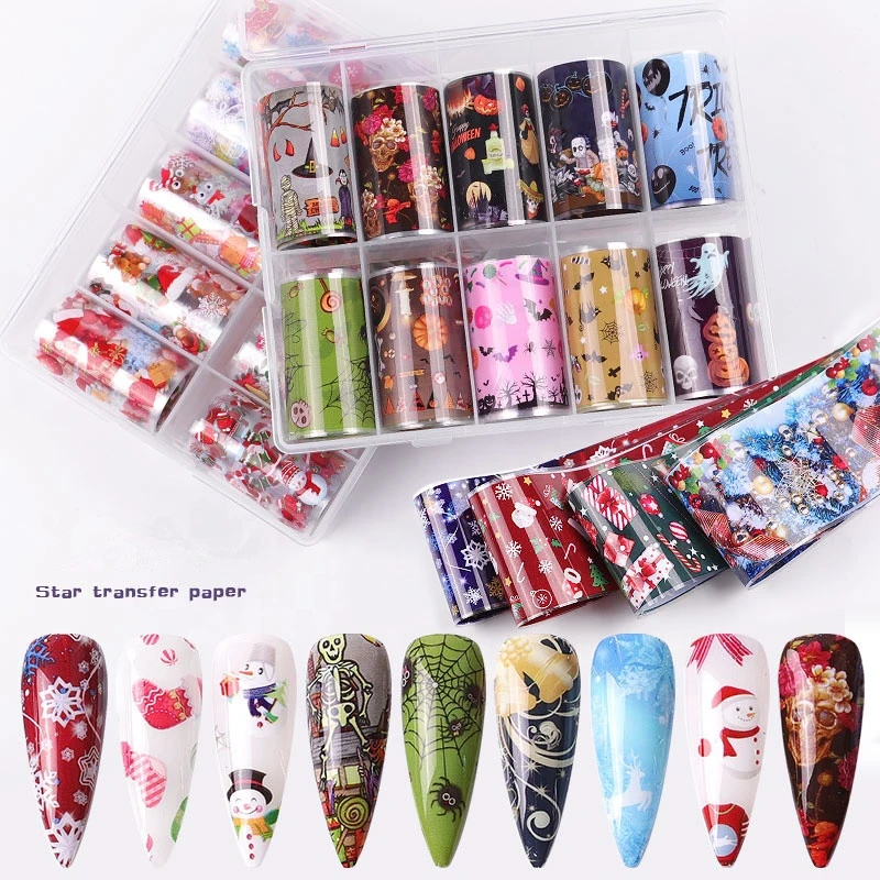 8 Stile 10pcs / Box Weihnachten &amp; Halloween Nail Art Folie Abziehbild Zubehör für Nageldekoration