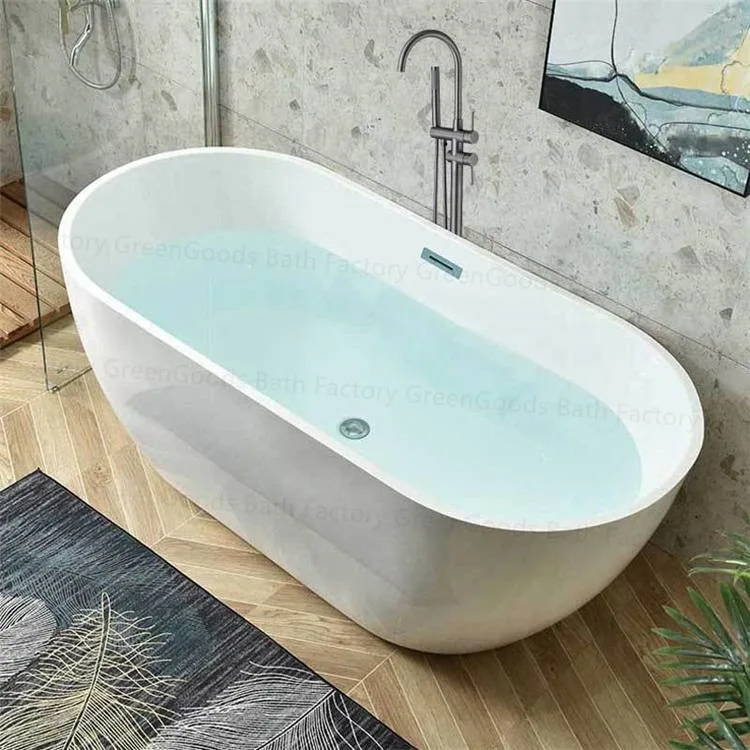 Center Drain Acrylic Oval Freestanding Soaking White Bathtub