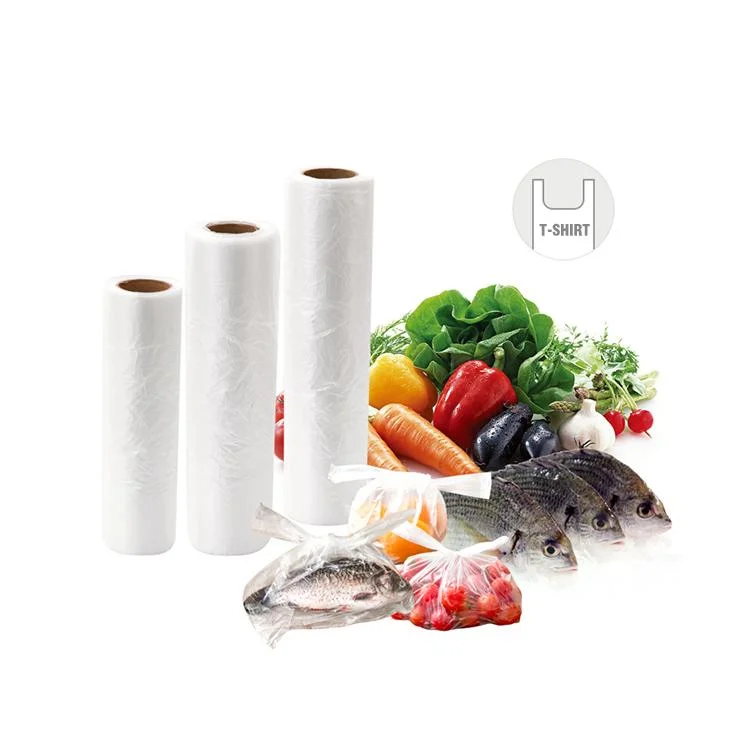 Plastic Supermarket Rolling Vest Handle Bag Food Package Bag on Roll Paper Core