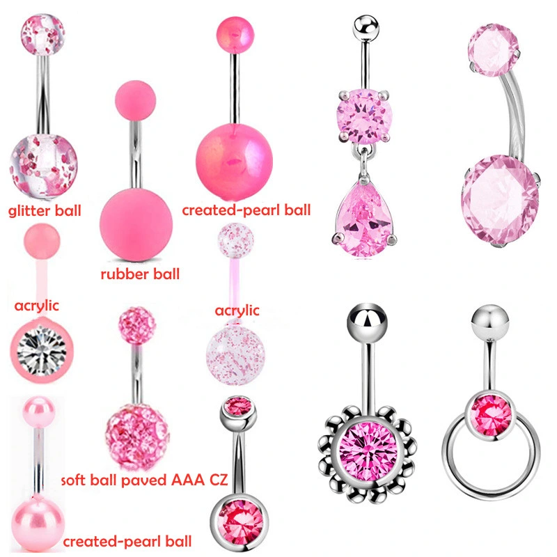 12PCS Belly Button Rings 316L Surgical Steel 14G CZ Navel Rings Barbells Studs Women Girls Body Piercing Jewelry (Silver/Pink)