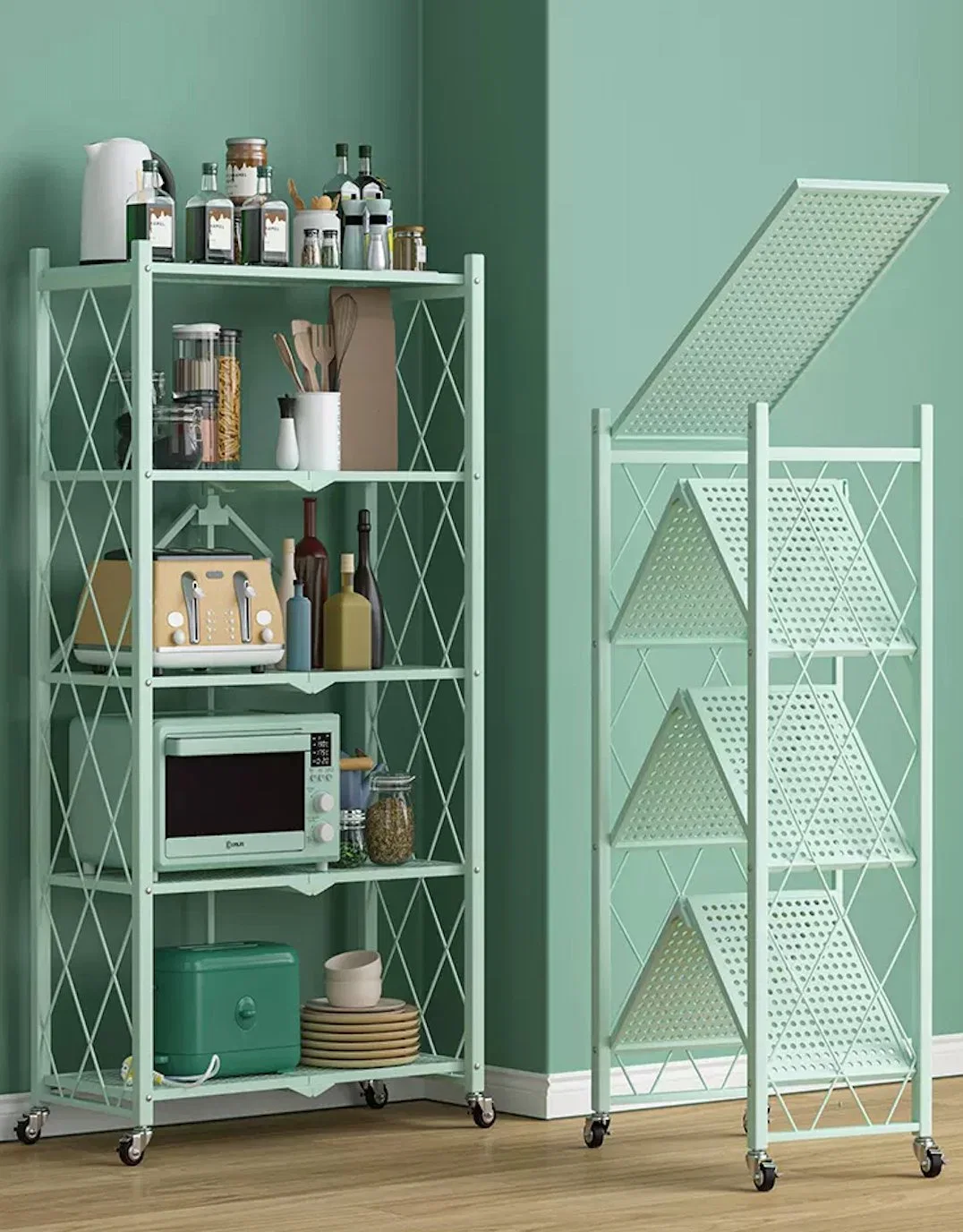 5-Tier Collapsible Metal Shelf in Green Kitchen Balcony Garage Rack