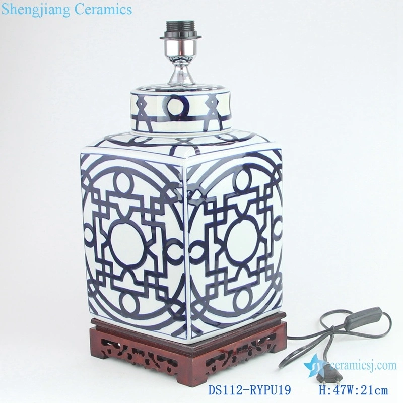 Blue and White Porcelain Square Copper Money Geometrical Motif Ceramic Table Lamp Bedside Reading Light