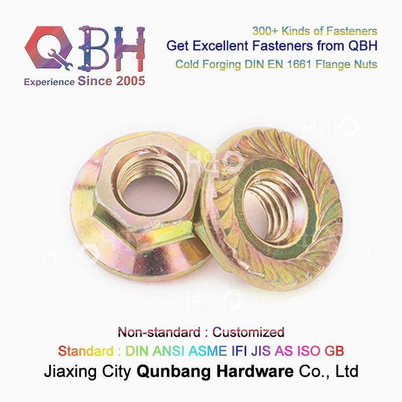 Qbh DIN En 1661 M5-M20 Class 8/10/12 Yellow Zinc-Plated Plating Y. Z. P. Cold Forged Toothed Flange Nuts with Serration