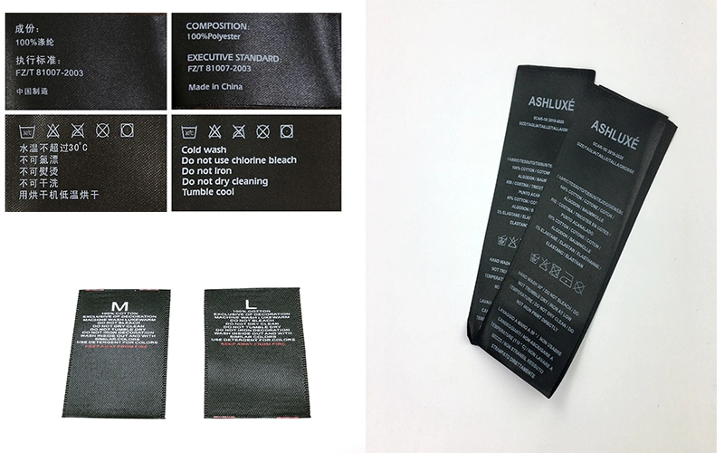 Custom Printed Logo Clothing Black Satin Care Labels Tags with Wash Instruction