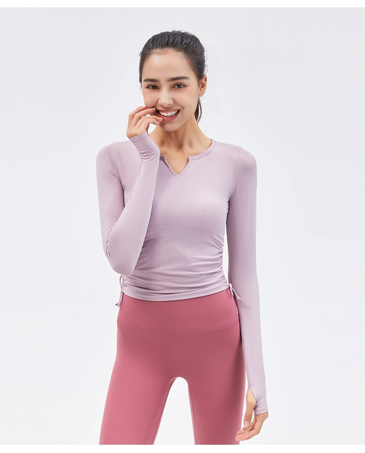 Blusa manga larga de la mujer el ejercicio de la compresión de Yoga Drawstring camiseta deportiva ropa deportiva