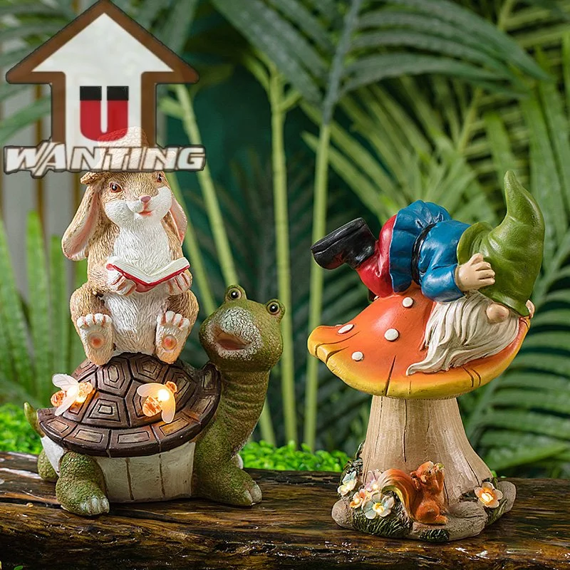 Kaninchen sitzt auf der Schildkröte Funktionelles Spielzeug Geschenke Garten Gnome Solarleuchten