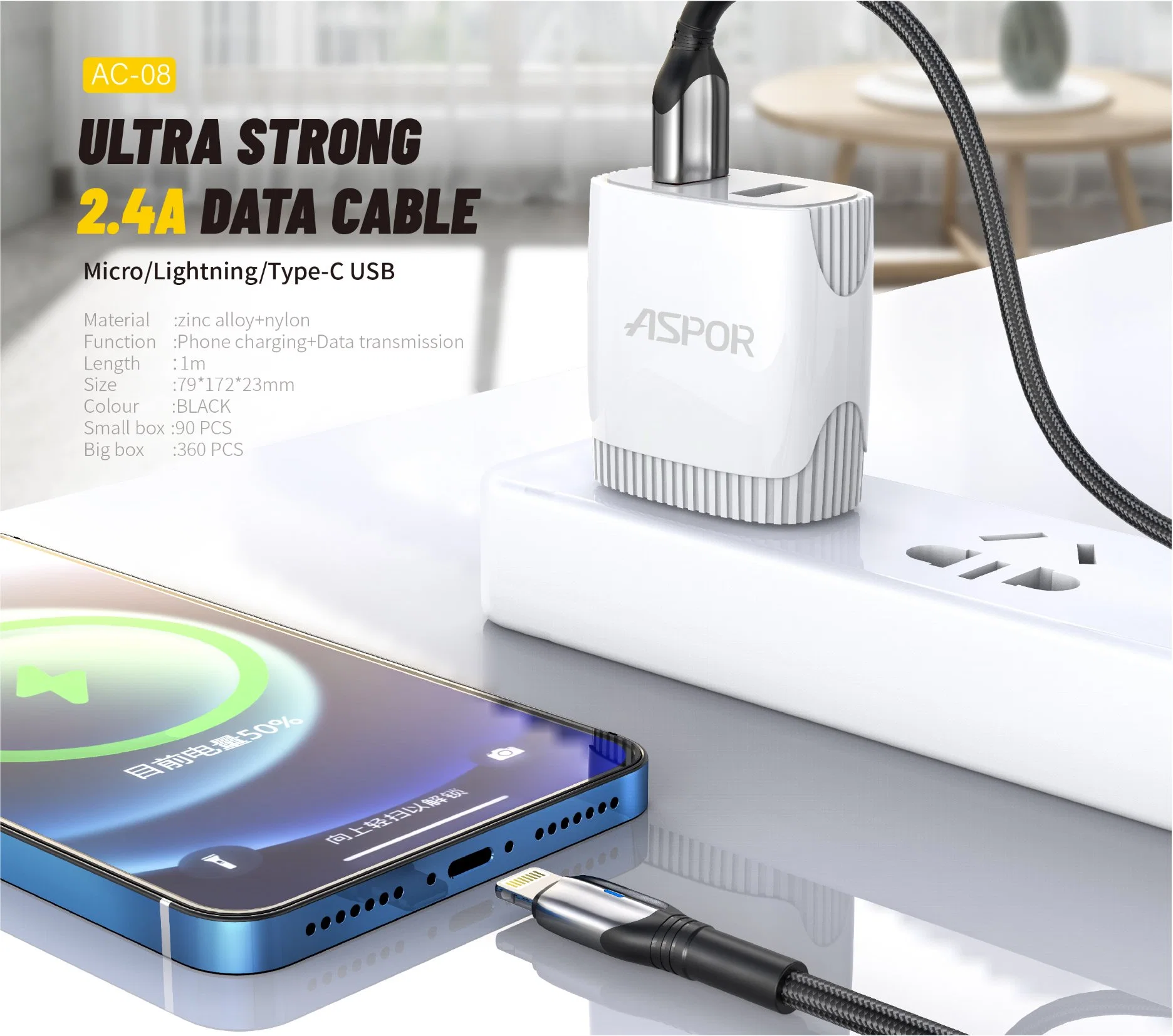 a Fast/ LED /Nylon Mobile Phone Cable Micro/Samsung Data Cable Zine-Alloy Case 1.0m Length