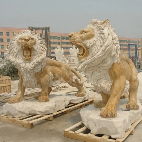 Tallas de la mano de la naturaleza de la piedra de tamaño de la vida de piedra de mármol León estatua con la escultura de bola