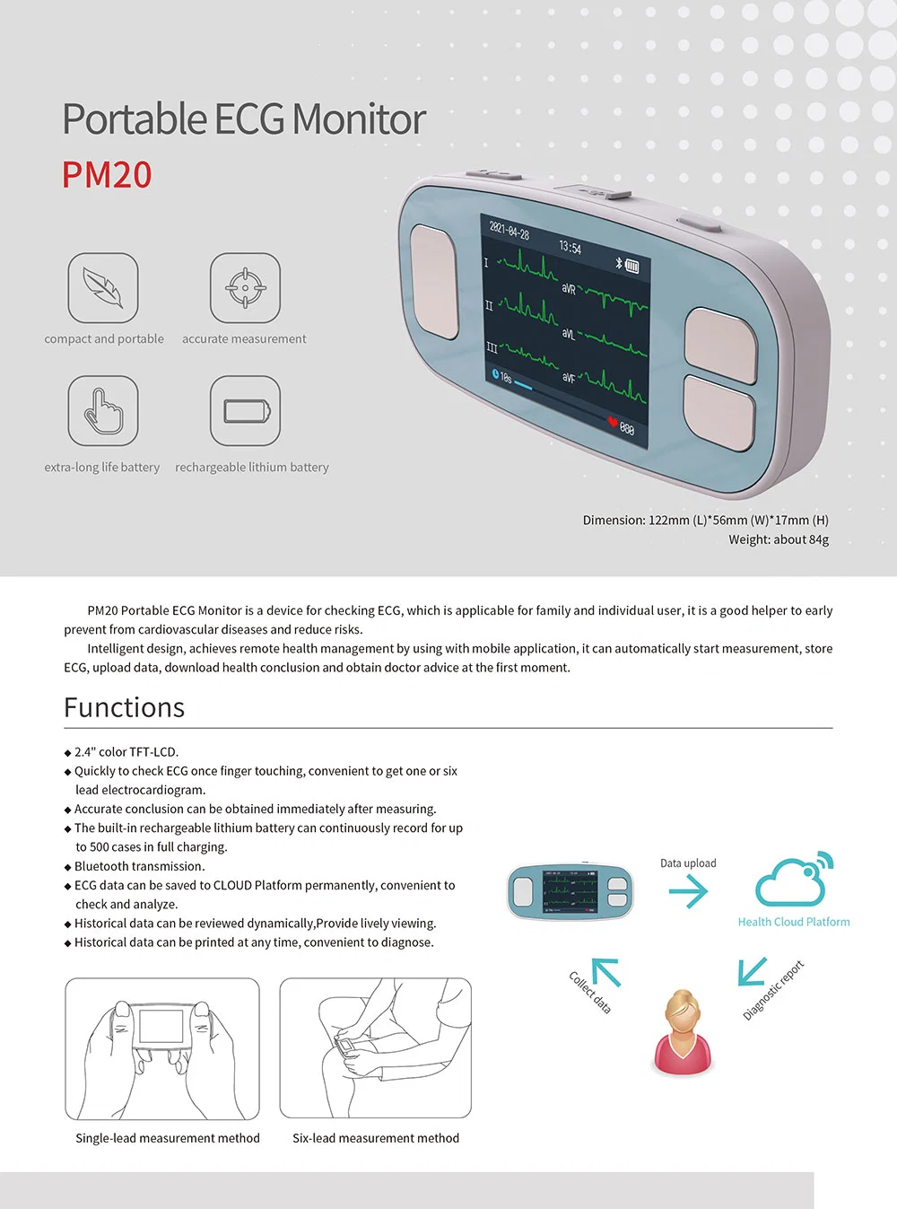 Contec Pm20 2.4" Color Electrocardiogram Machine TFT-LCD Portable Holter ECG Device