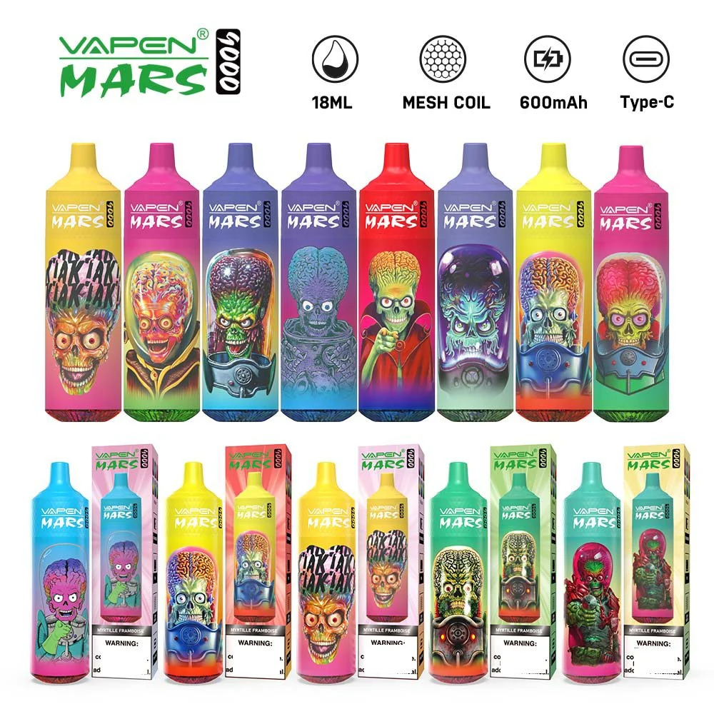 Vapen Mars Disposable/Chargeable e cigarros Mesh Coil 18 ml Pod 600 mAh Luz RGB recarregável a bateria não apresenta fugas de 9 K 2% 5% 9000 Puffs