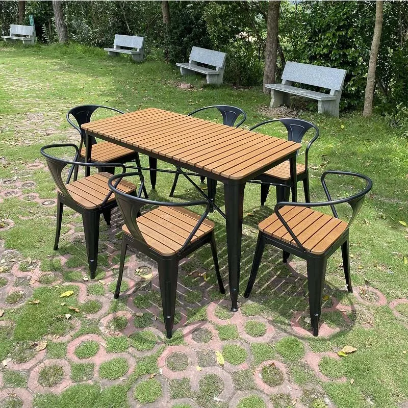 مقعد طاولة لتناول الطعام في الحديقة مصنوع من الألومنيوم الخارجي والأثاث الخشبي البلاستيكي تعيين