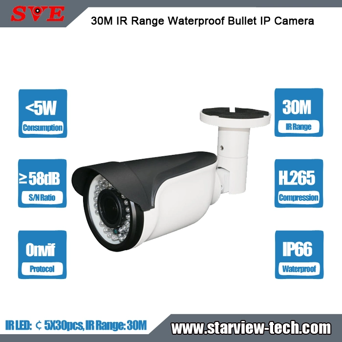 30m IR Range IP Poe CCTV Network H. 265 Onvif Waterproof Bullet Security Camera