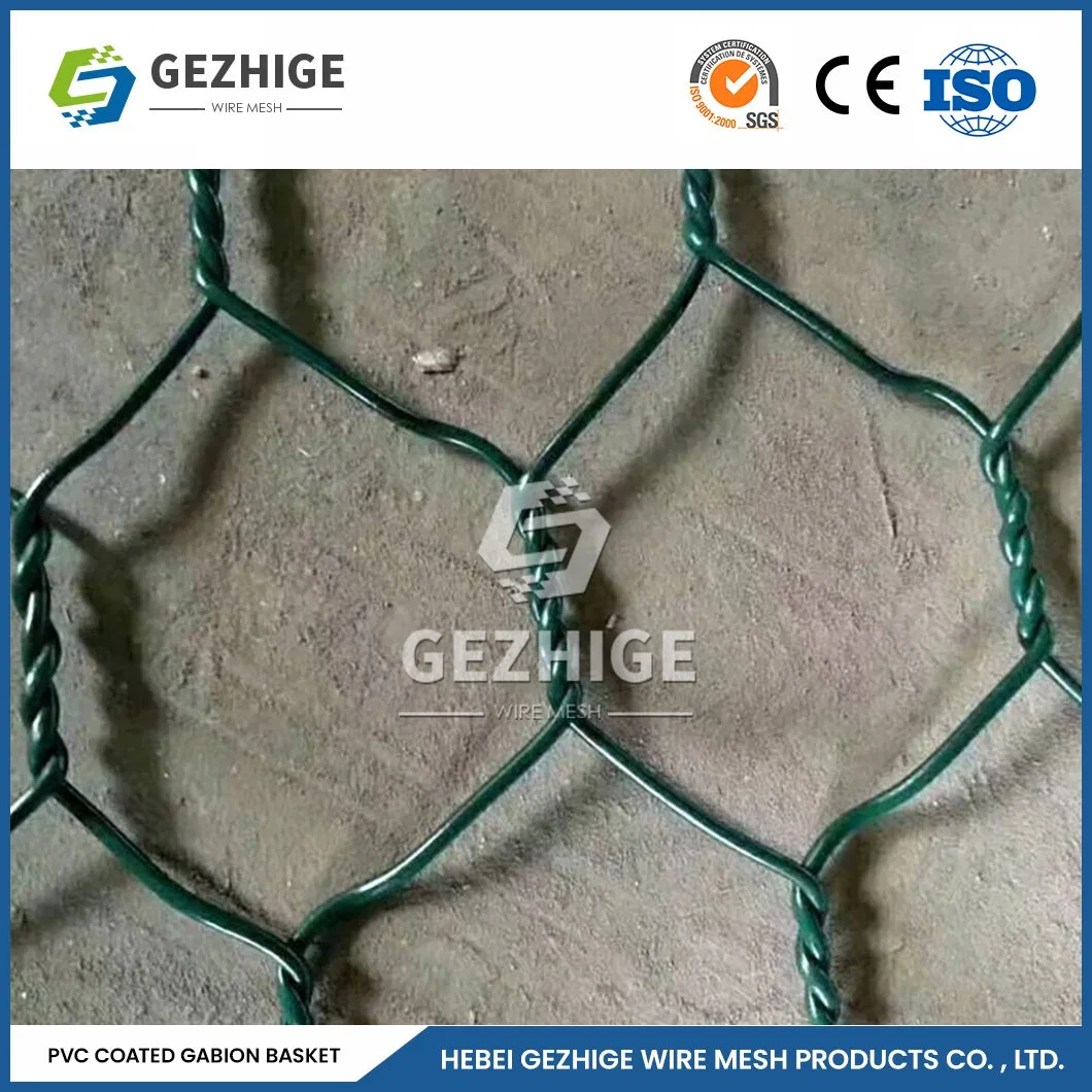 الموردون Gzhige 60X80 مم حول سلة الجابون 3.0-4.0 مم سلك Selvedge PVC أخضر السمك غابيون الصين 2.0*0.5*0.5 متر مكلفن Hexagon Gabion النسيج الشبكي