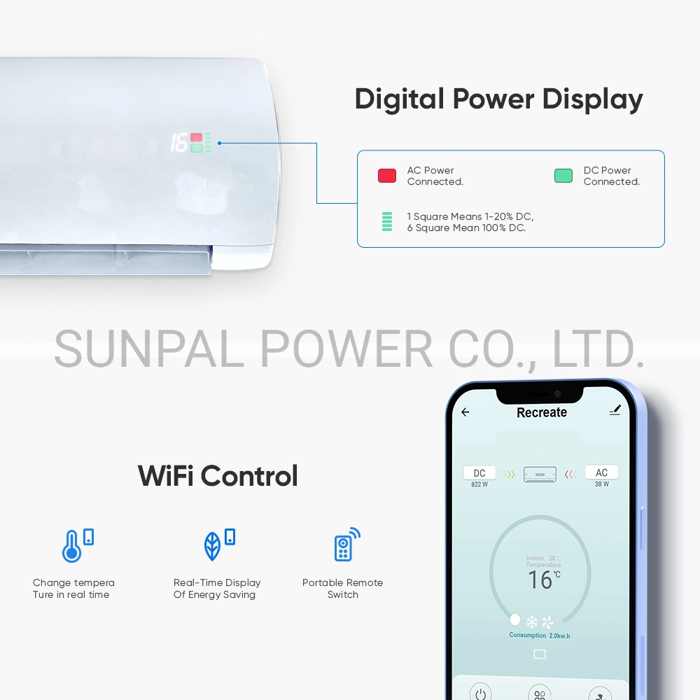 OEM ODM 110 فولت 220 فولت 60 هرتز Smart Mini Room Split مكيف هواء العاكس نظام الطاقة الشمسية 100% مع مضخة التسخين 24000 وحدة حرارية بريطانية T3 410a الاستخدام المنزلي