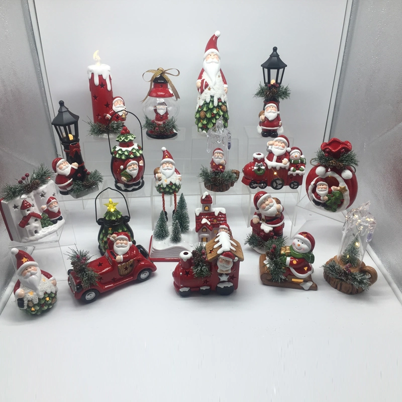 Santa &Snowman Christmas Assortment Lighting Decoration in 2 Colors, Ceramic Festival Crafts with Berry Leaf