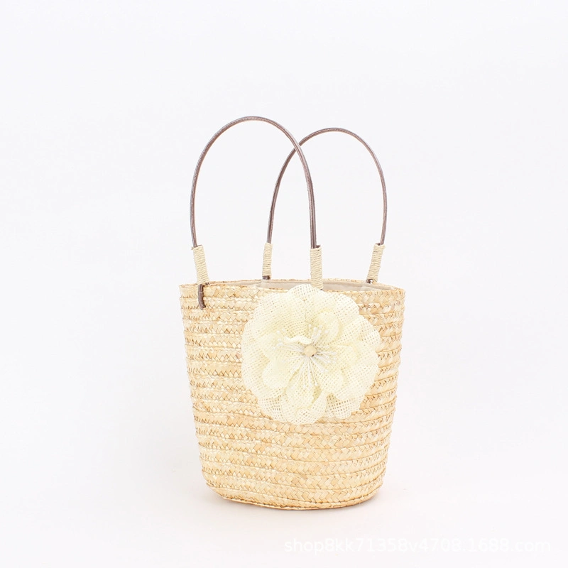 Women Rattan Handbag Straw Bag with Flower and PU Handle Esg16459