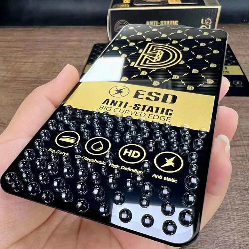 Protector de pantalla de fábrica en stock 9d ESD Golden Diamond Vidrio templado og vidrio antiestático para I Phone14-6 PRO Max Sam Sung Hua Wei