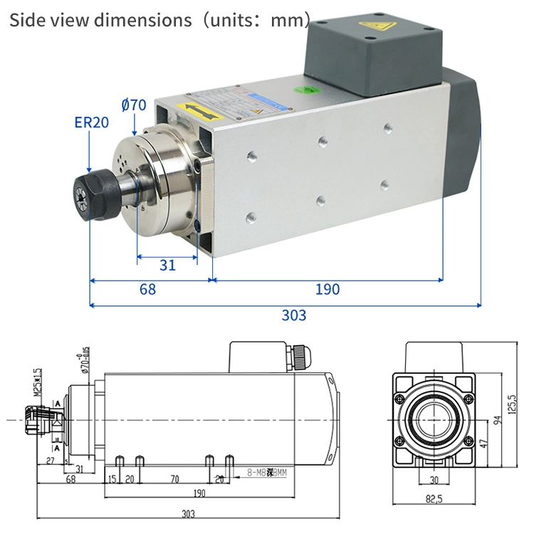 Luftkühlung quadratische Form CNC-Motorspindel drei-Phasen-2,2kW 3,5kW 4,5kW 6kw 7,5kW ER20 400Hz 24000rpm Motor Frässpindel