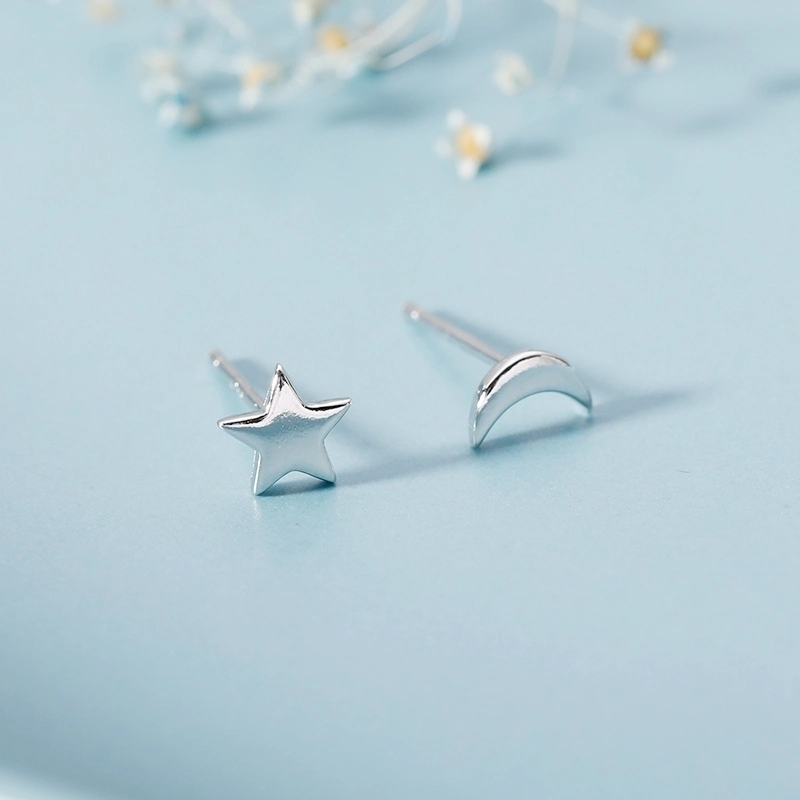 925 Joyería de Plata Lindo Estilo simple Luna Star Stud Earrings para regalos de mujer