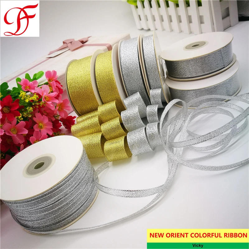 Factory Satin, Grosgrain Organza Ribbon Gold and Silver Metallic Ribbon with Color Metallic for Gifts/Decoration/Wrapping/Packing/Xmas Box