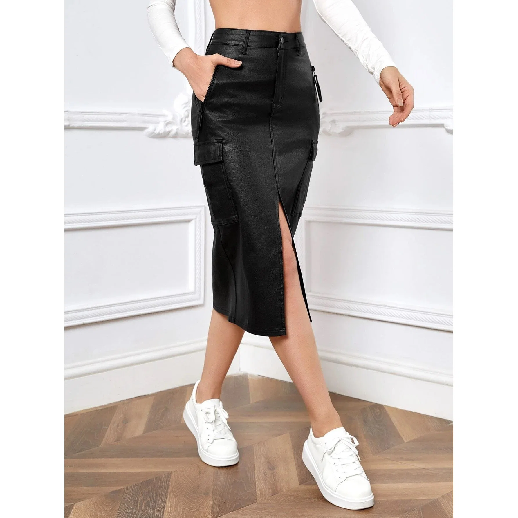 Women Fashion Denim High Waist Black Front Split Women&prime; S Casual Hip Skirt Denim Skirt