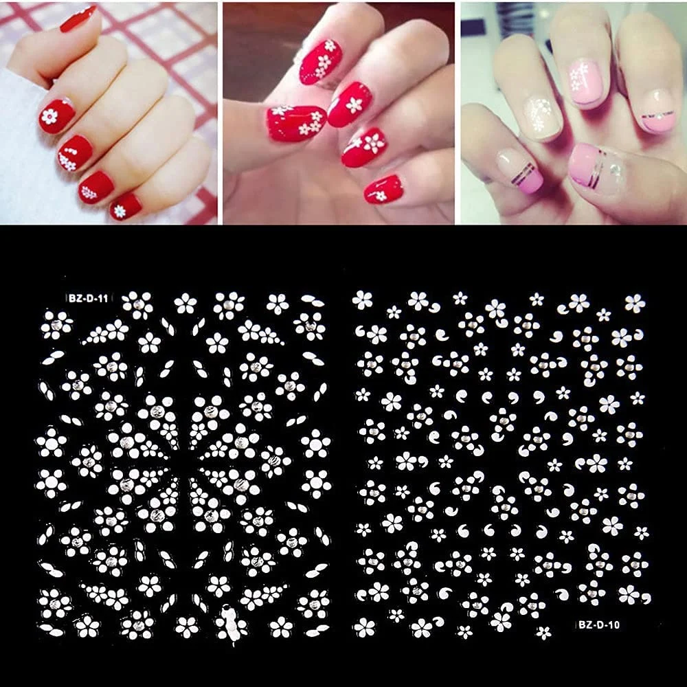 Flower Nail Art Stickers, White Nail Designs Nail Decals 3D Self Adhesive Nail Stickers Nail Art Supplies White Flower Stickers with Rhinestones for Nails Decor