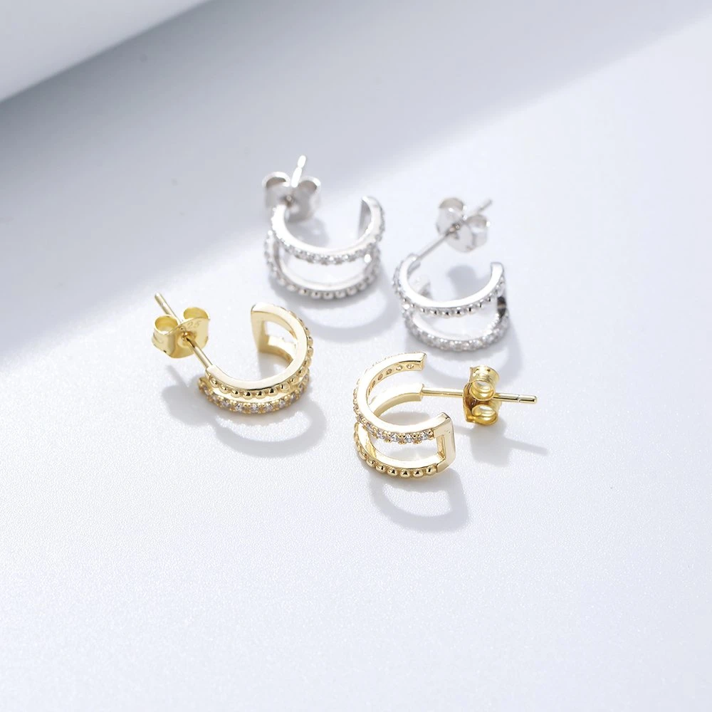 Custom Fashion Jewelry 925 Sterling Silver Open Double Hoop Claw Setting Zircon Gold Plated Cuff Stud Earrings