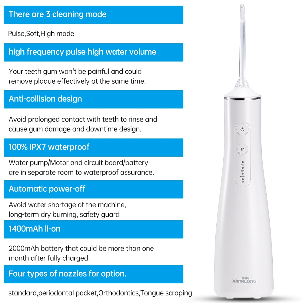 Nuevo diseño Ximalong 200ml Uso doméstico inalámbrico Irrigator Flosser Oral Dental diente con una batería recargable Flosser agua