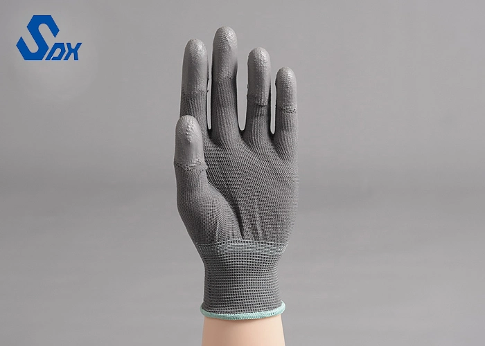 13G Grey Black Polyester Nylon Arbeitshandschuhe Black PU Palm Dipped Coated Protective Safety Hand Work Gloves
